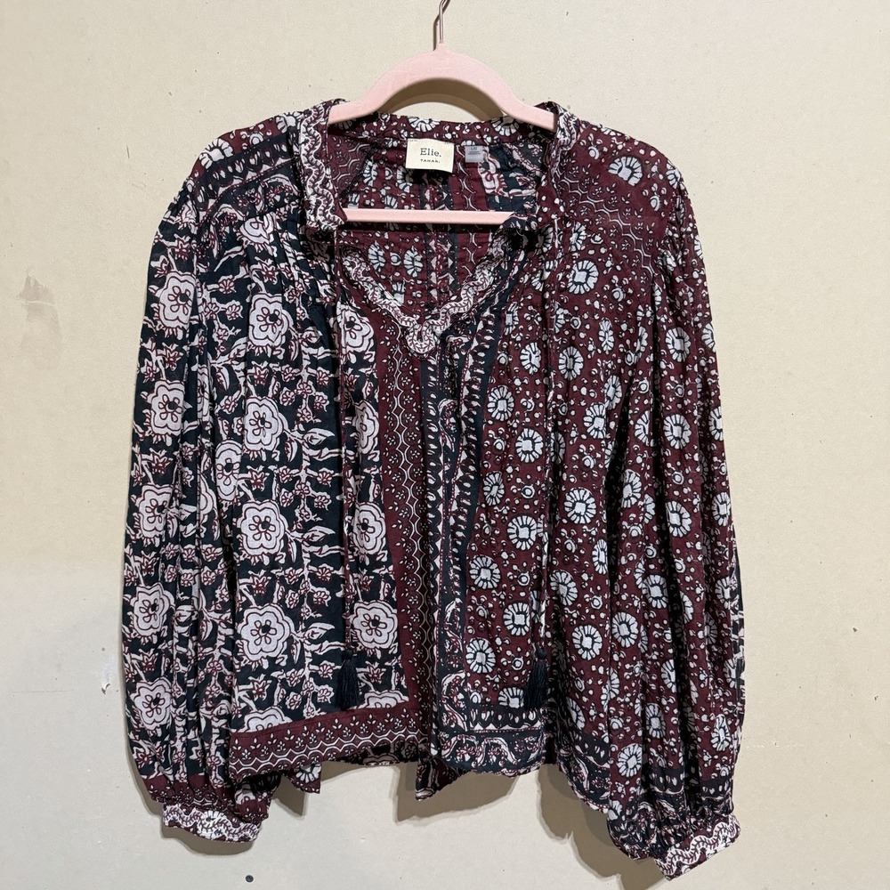 Elie Tahari Blouse L Burgundy Black Floral Boho Cotton Tassel Split Neck Top